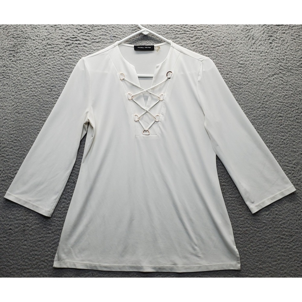 Ivanka Trump Blouse Top Womens XS White Long Sleeve Slit Lace Up Detail V Neck